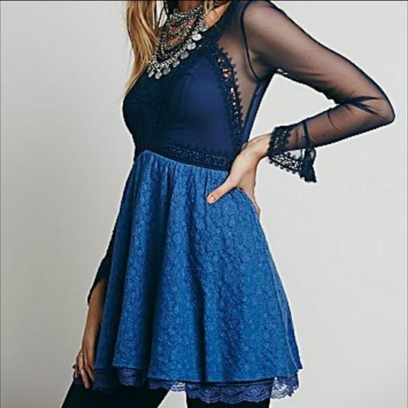 Free People Dresses & Skirts - Free People Blue Lace Victorian Fit-and-Flare Dress with Sheer Sleeves